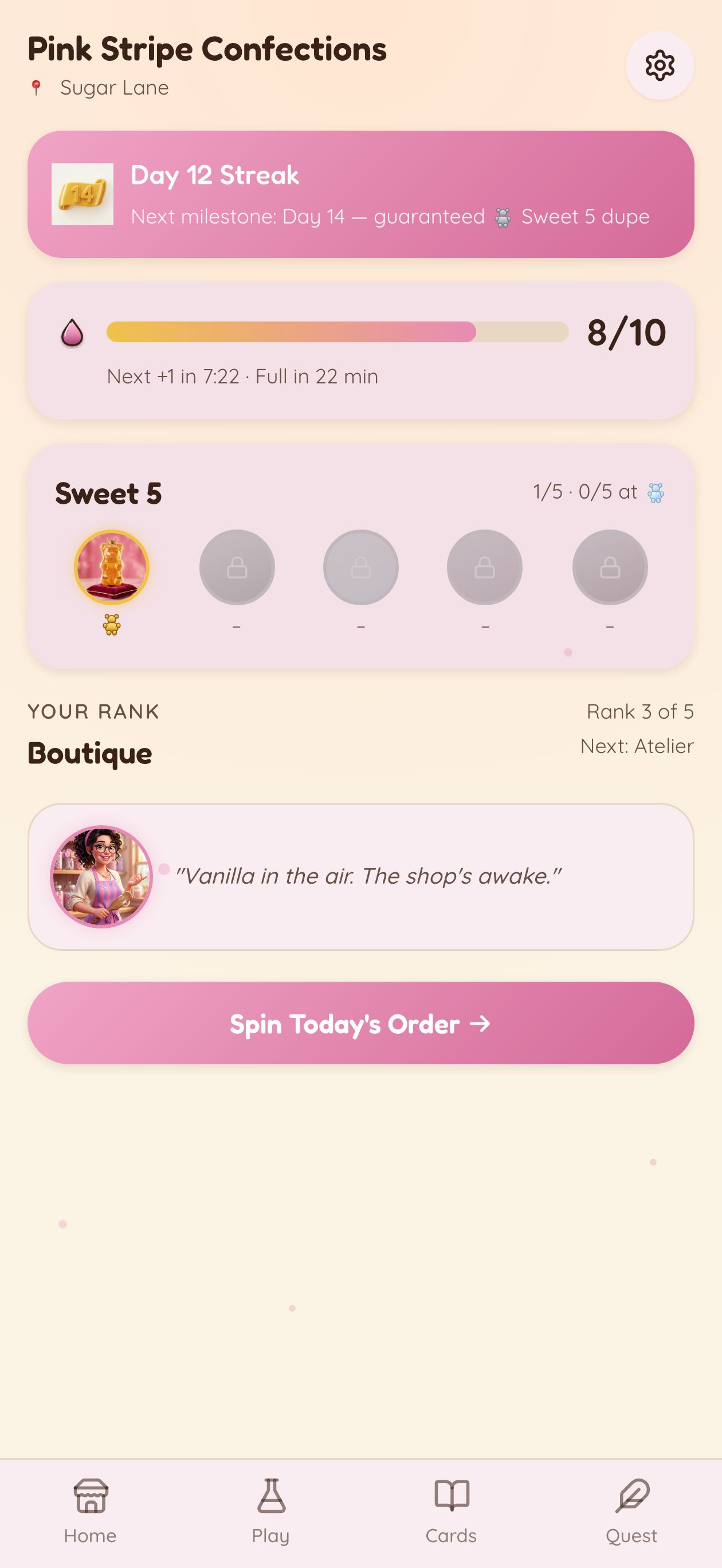Sugar Lane shop home — streak banner, energy bar, today's order CTA
