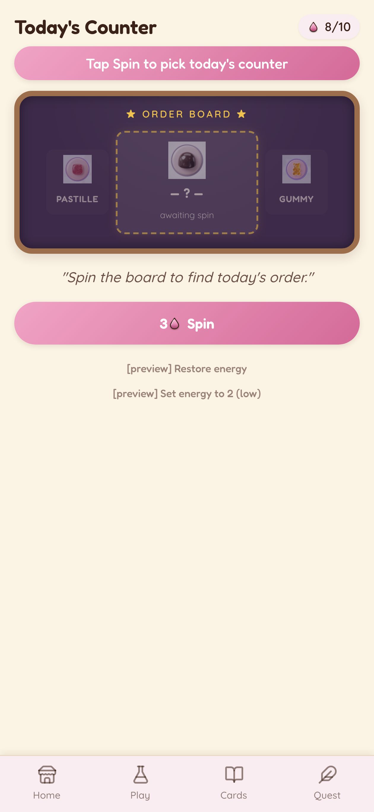 Order Board chalkboard with five candy-category tickets