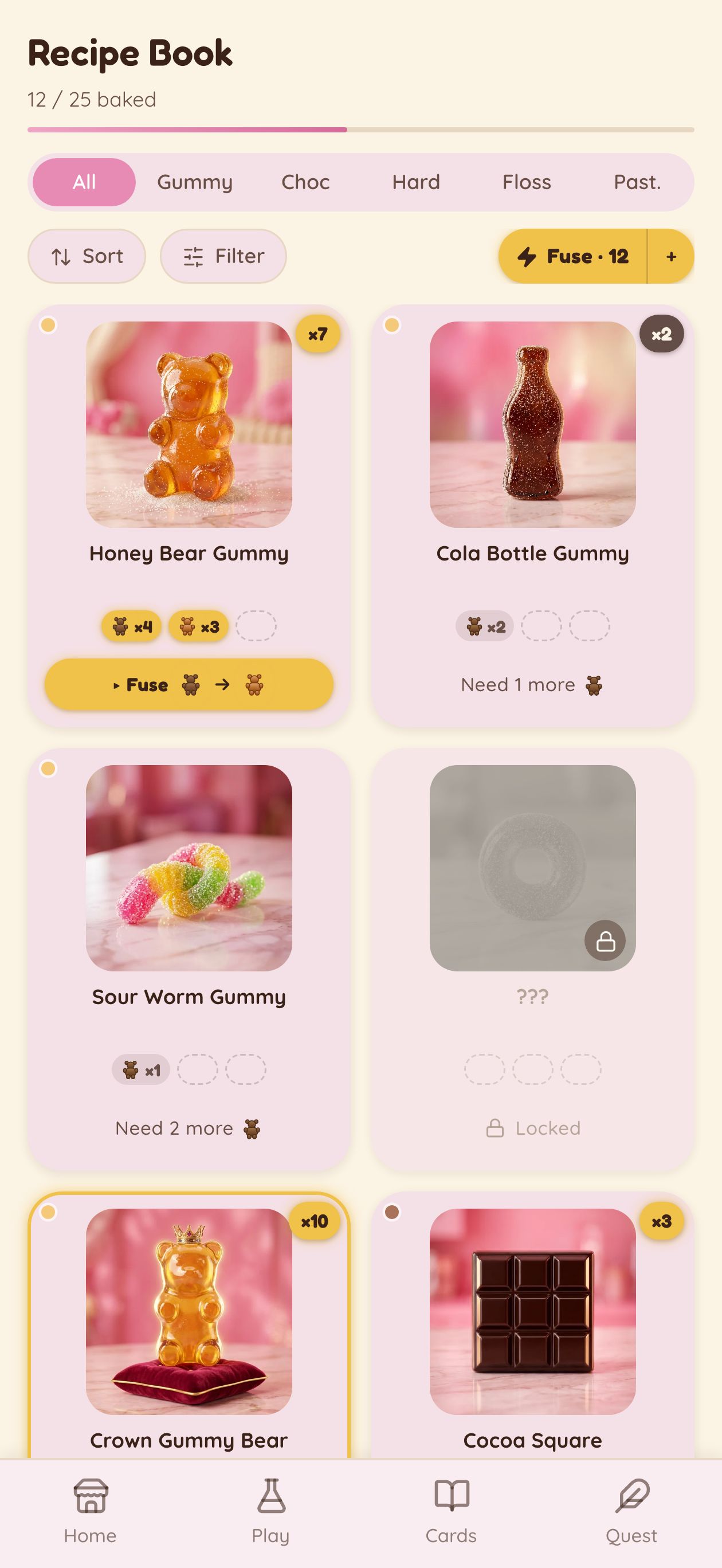 Recipe Book 2-column album with per-tier gummy-bear inventory pips